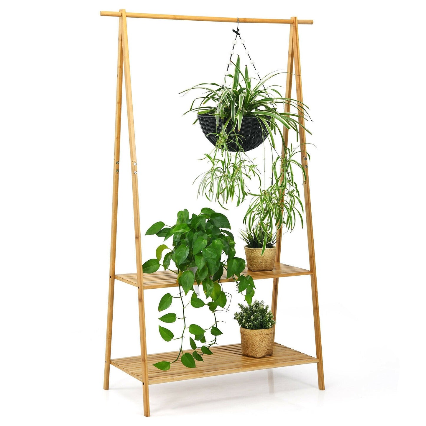 Bamboo Clothes Hanging Rack with 2-Tier Storage Shelf for Entryway Bedroom, Natural at Gallery Canada