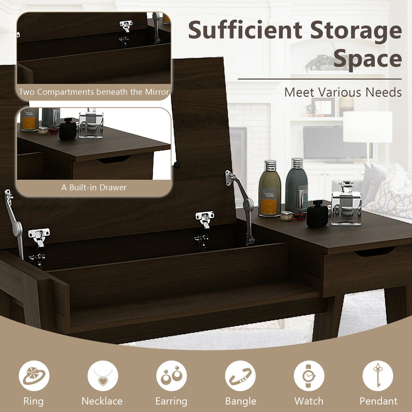 Dressing Table With Flip Mirror, Storage Drawer, Brown Makeup Vanities at Gallery Canada