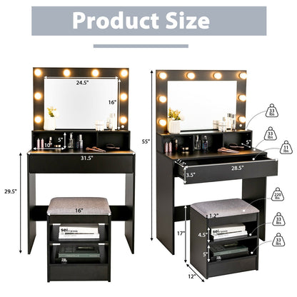 Vanity Table Set with Lighted Mirror and Cushion Stool, Black at Gallery Canada
