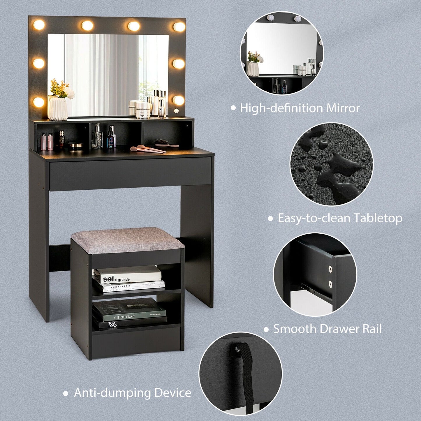Vanity Table Set with Lighted Mirror and Cushion Stool, Black at Gallery Canada
