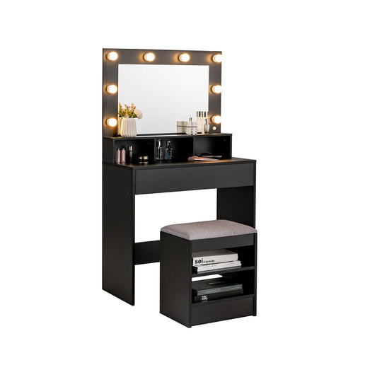 Vanity Table Set with Lighted Mirror and Cushion Stool, Black