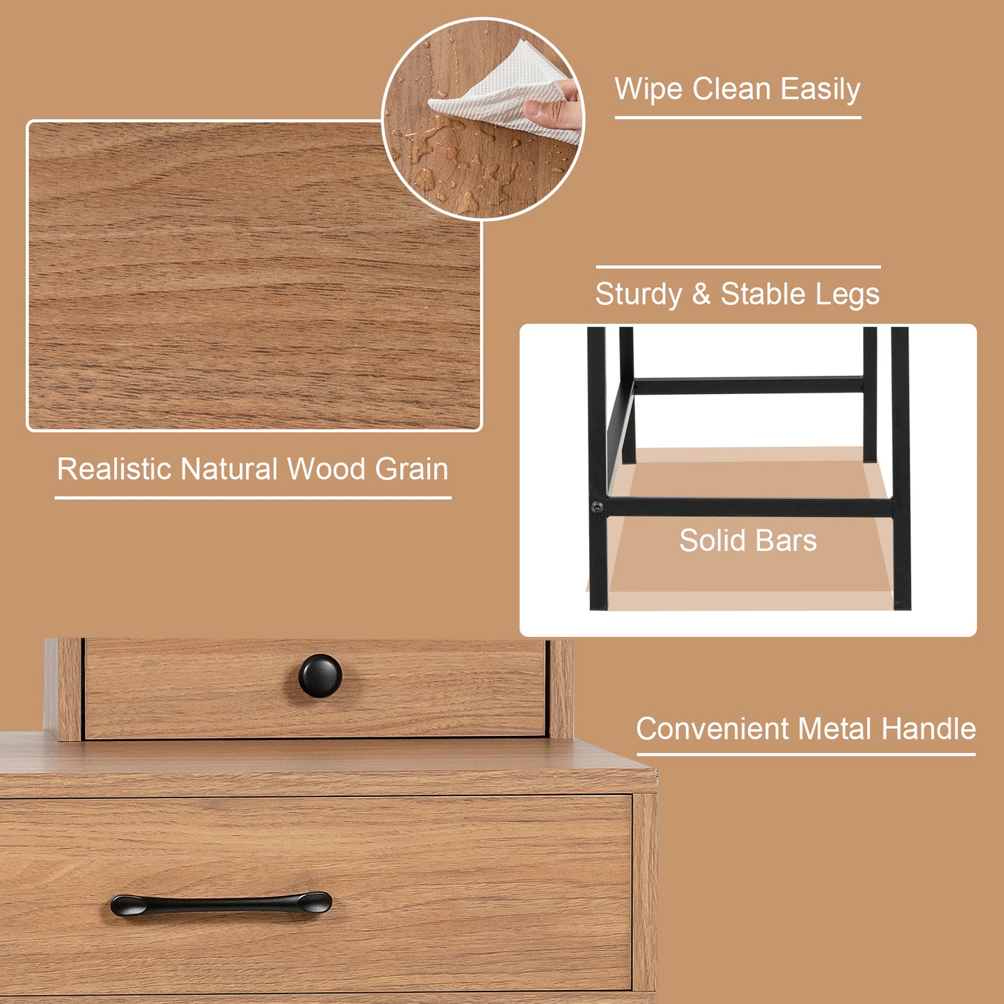 42-Inch Vanity Desk With Tabletop Shelf, 2 Drawers, Natural