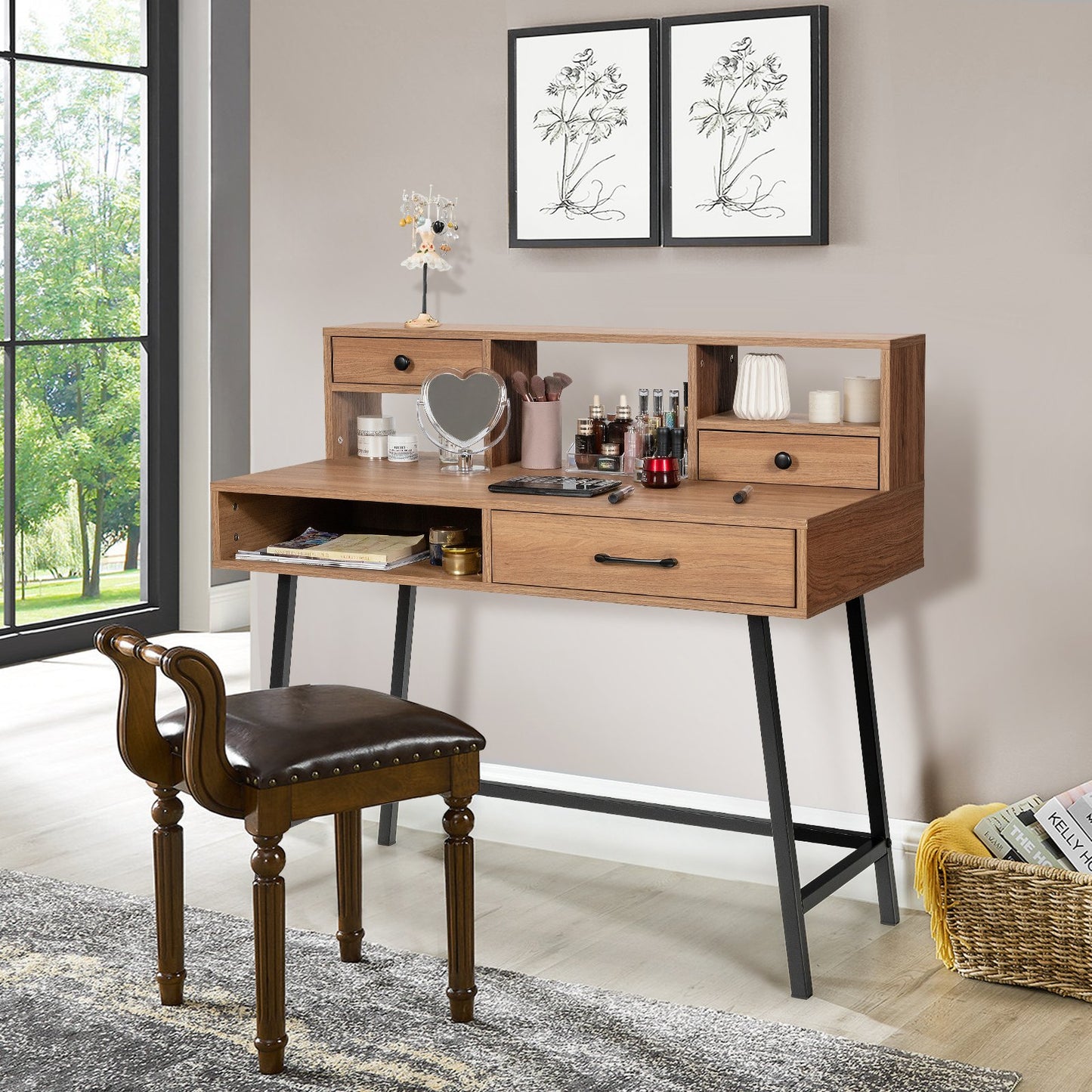 42-Inch Vanity Desk with Tabletop Shelf and 2 Drawers, Natural at Gallery Canada