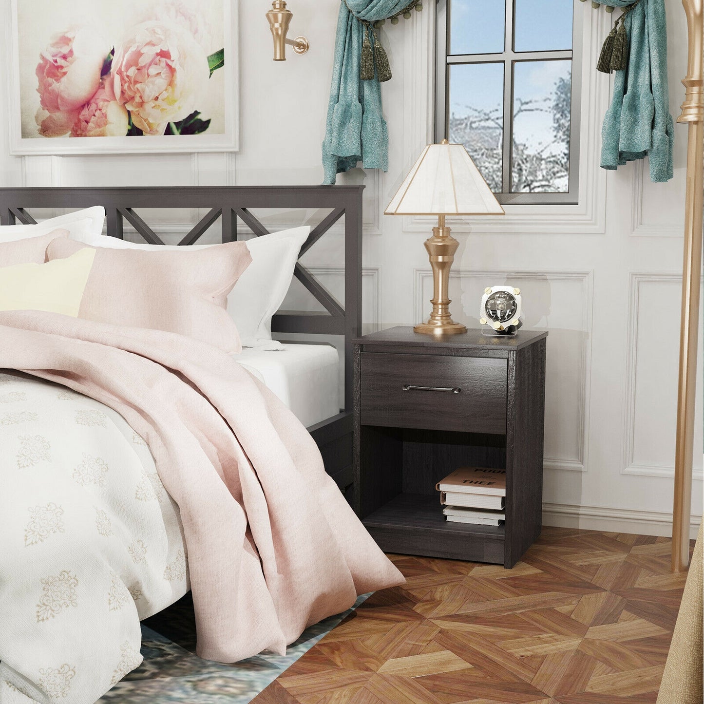 Wooden End Side Table Nightstand with Drawer Storage Shelf, Black Nightstands at Gallery Canada