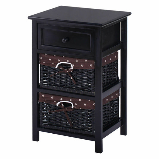 3 Tier Wood Nightstand Set, 2 Drawer, Black
