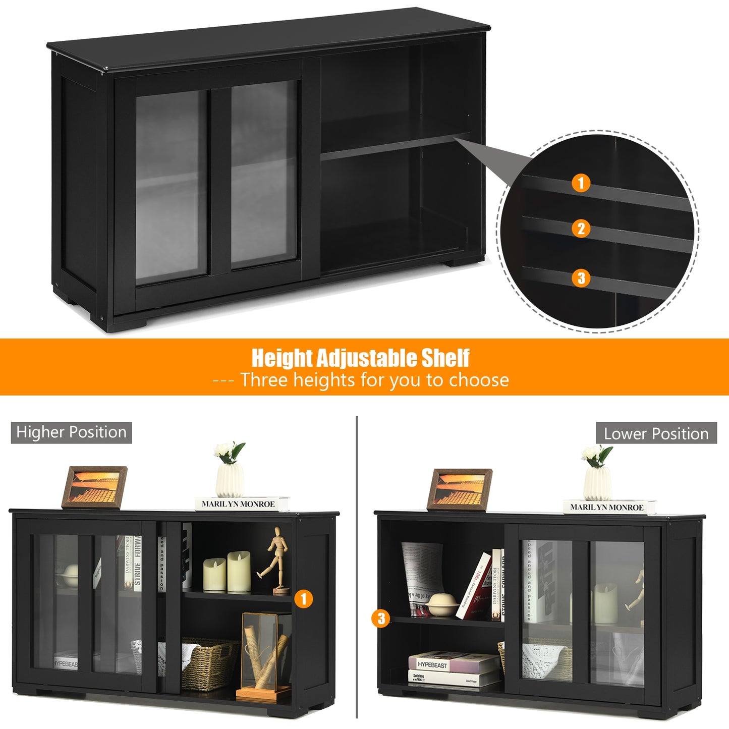 Kitchen Storage Cabinet with Glass Sliding Door, Black Sideboards Cabinets & Buffets at Gallery Canada