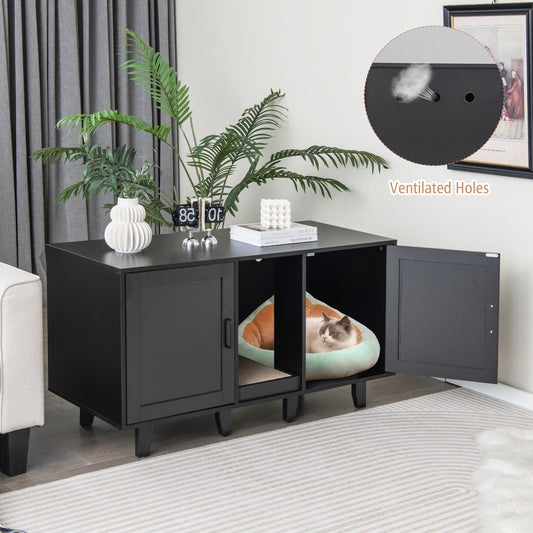 2-Door Cat Litter Box Enclosure with Winding Entry and Scratching Board, Black Cat Houses Black at Gallery Canada