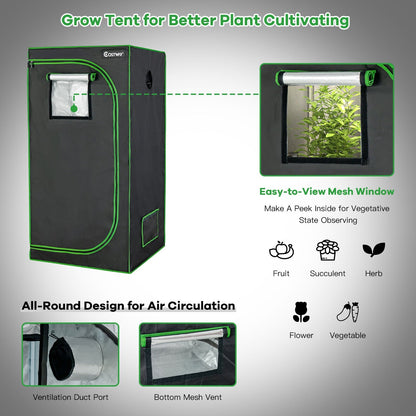 32 x 32 x 63 Inch Mylar Hydroponic Grow Tent with Observation Window and Floor Tray, Black