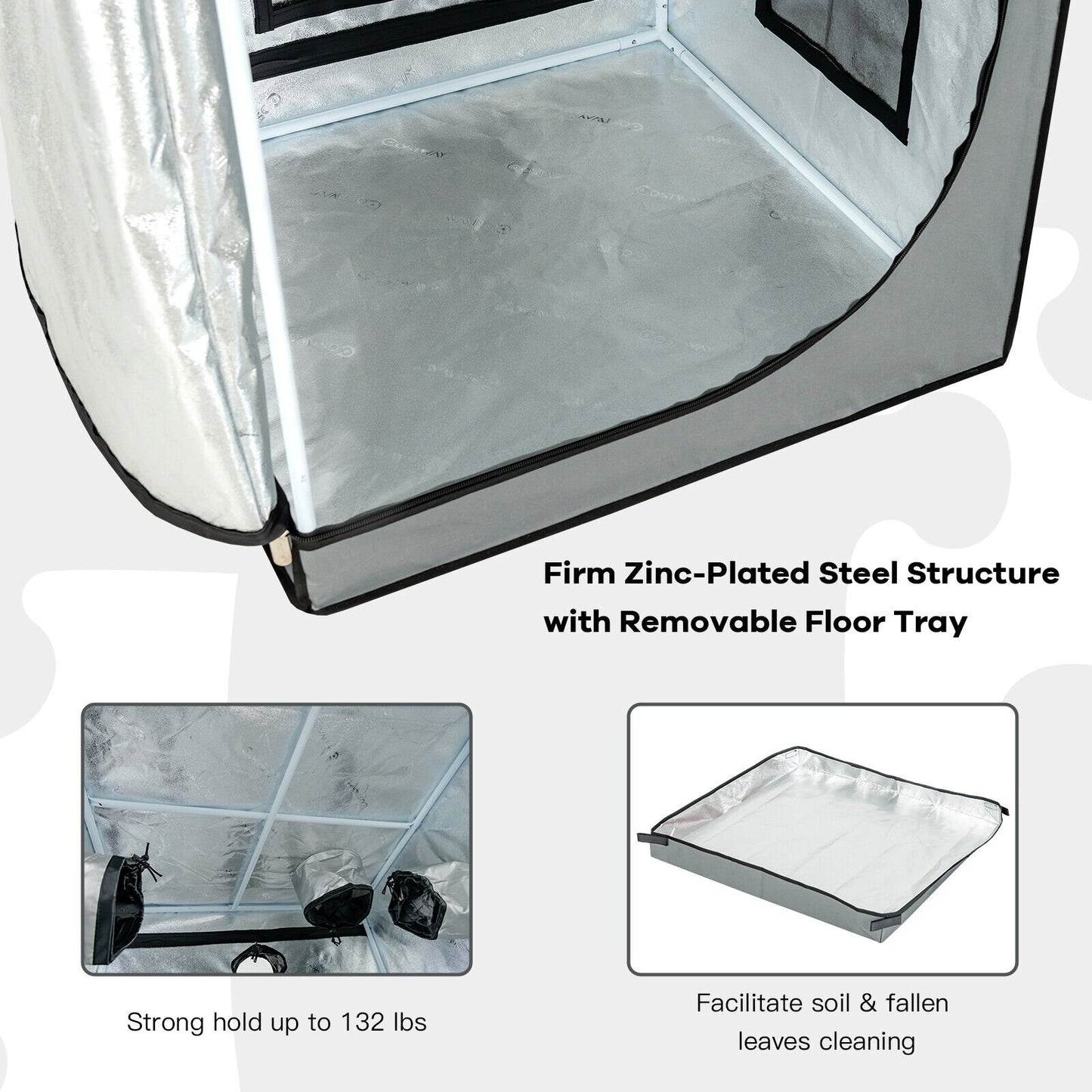 32 x 32 x 63 Inch Mylar Hydroponic Grow Tent with Observation Window and Floor Tray, Gray