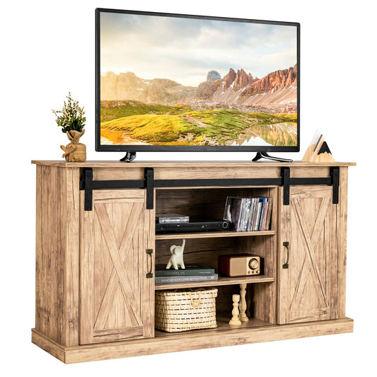 55 Inch Sliding Barn Door TV Stand with Adjustable Shelves for TVs up to 65 Inch, Natural at Gallery Canada