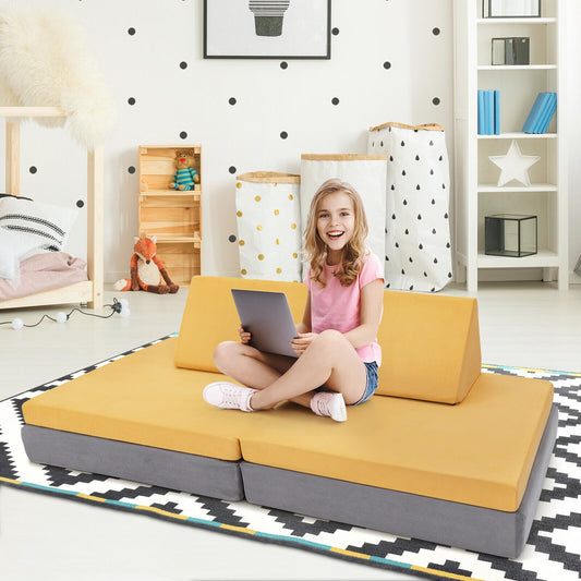 4 Piece Convertible Kids Couch Set, 2 Folding Mats, Yellow Kids Chairs & Seating Yellow at Gallery Canada