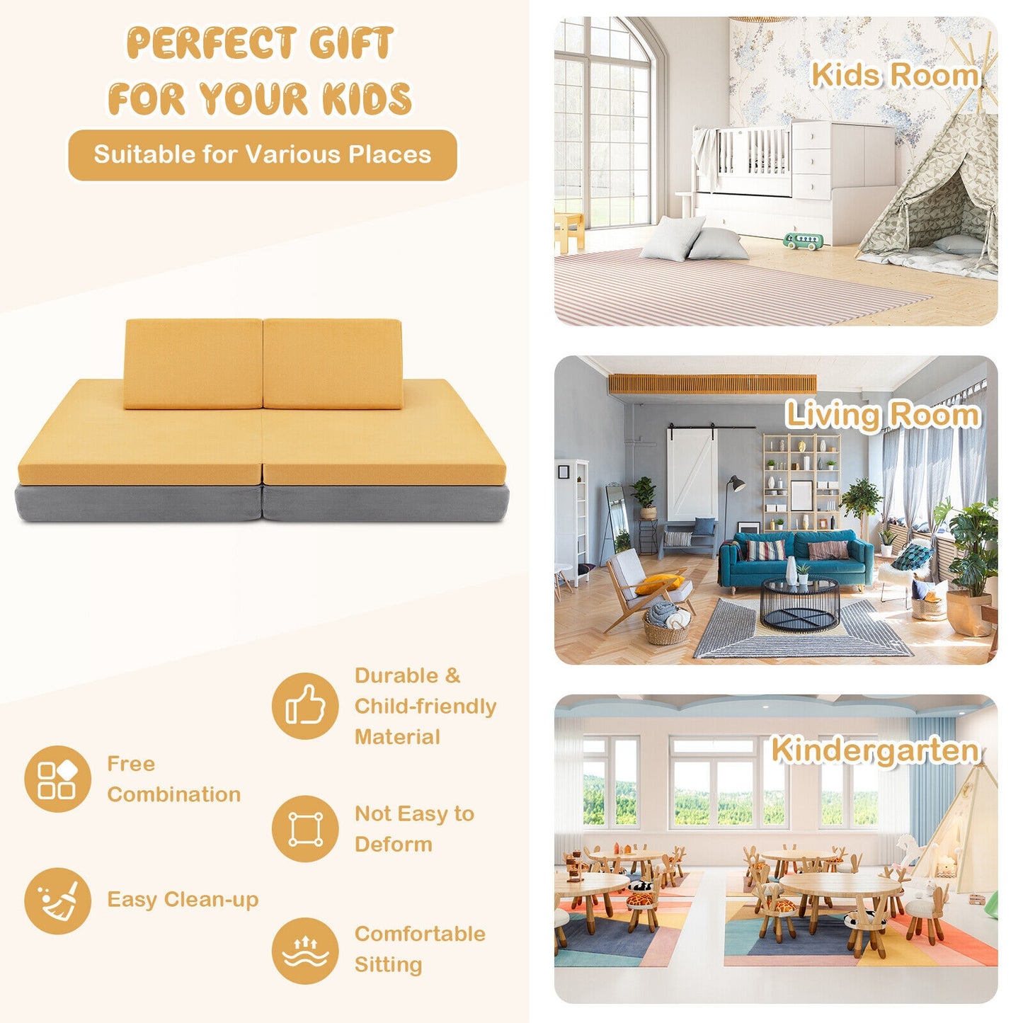 4 Piece Convertible Kids Couch Set, 2 Folding Mats, Yellow Kids Chairs & Seating at Gallery Canada