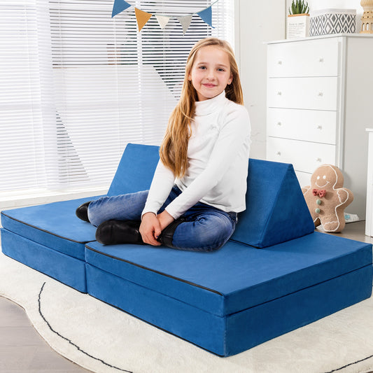 4-Piece Convertible Kids Couch Set, 2 Folding Mats, Blue