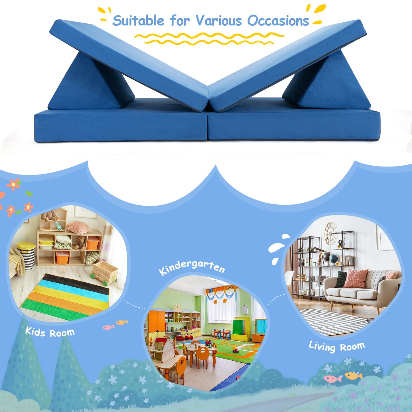 4-Piece Convertible Kids Couch Set, 2 Folding Mats, Blue Kids Chairs & Seating at Gallery Canada