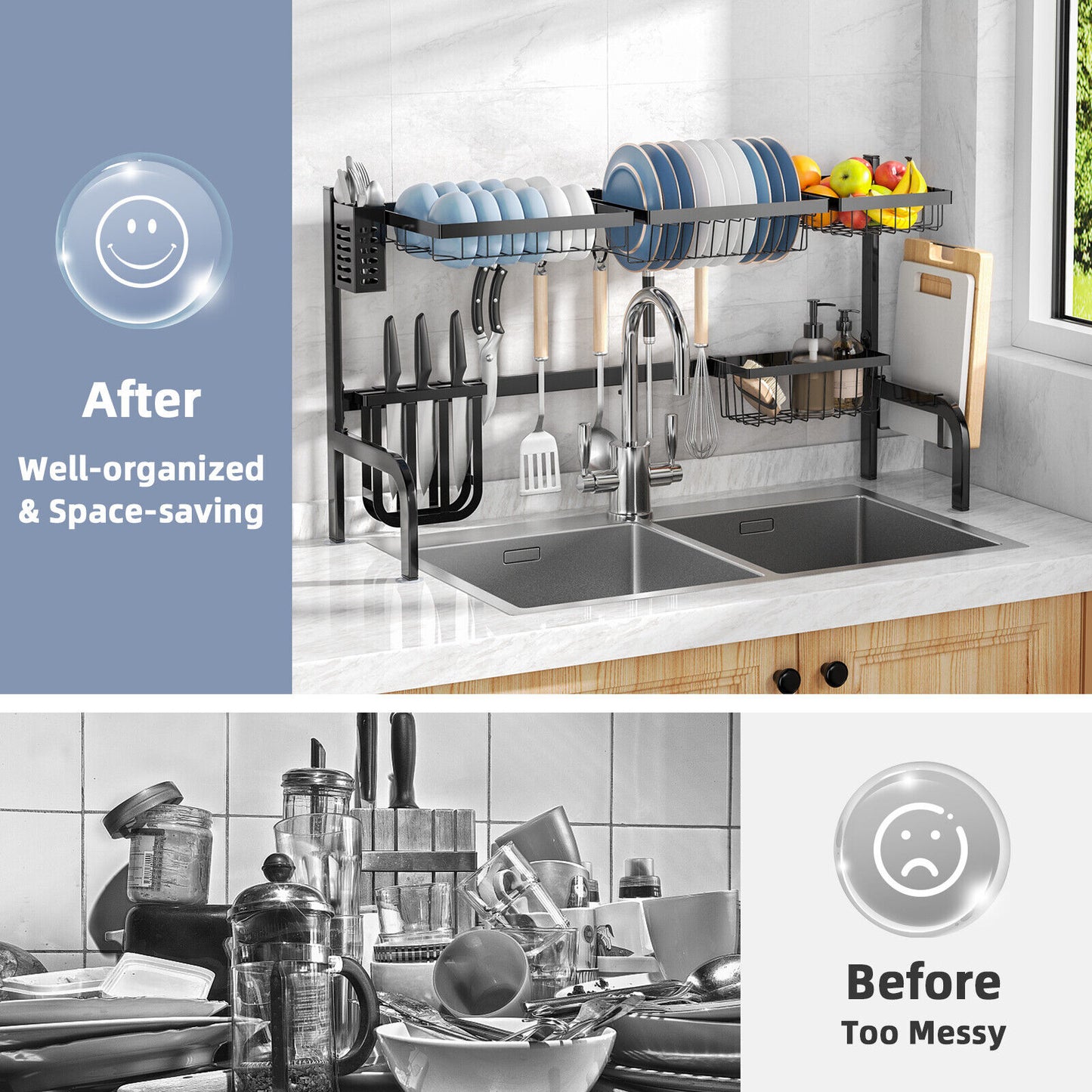 2-Tier Adjustable Over Sink Dish Drying Rack, 8 Hooks, Black Dish Racks at Gallery Canada