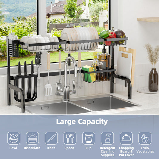 2 Tier Adjustable Over Sink Dish Drying Rack with 8 Hooks, Black Dish Racks Black at Gallery Canada