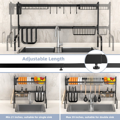 2 Tier Adjustable Over Sink Dish Drying Rack with 8 Hooks, Black
