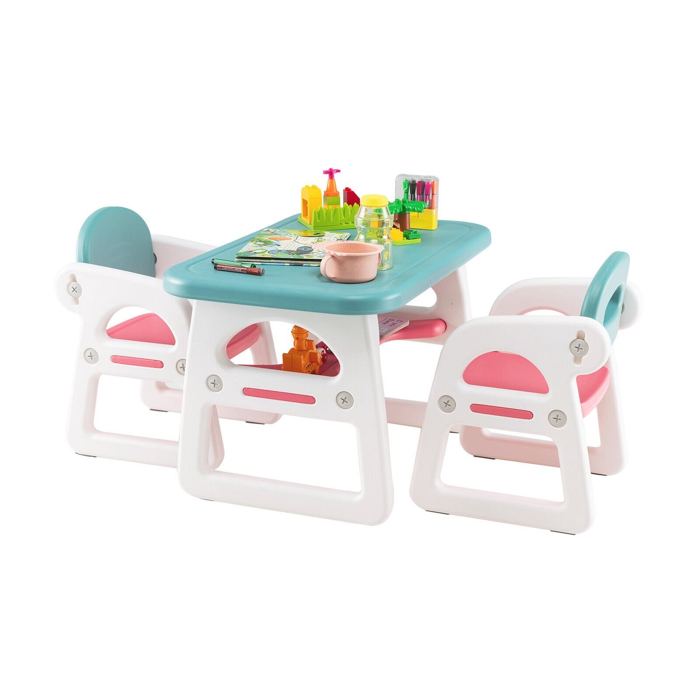 Kids Table and Chair Set with Building Blocks, Pink & Blue