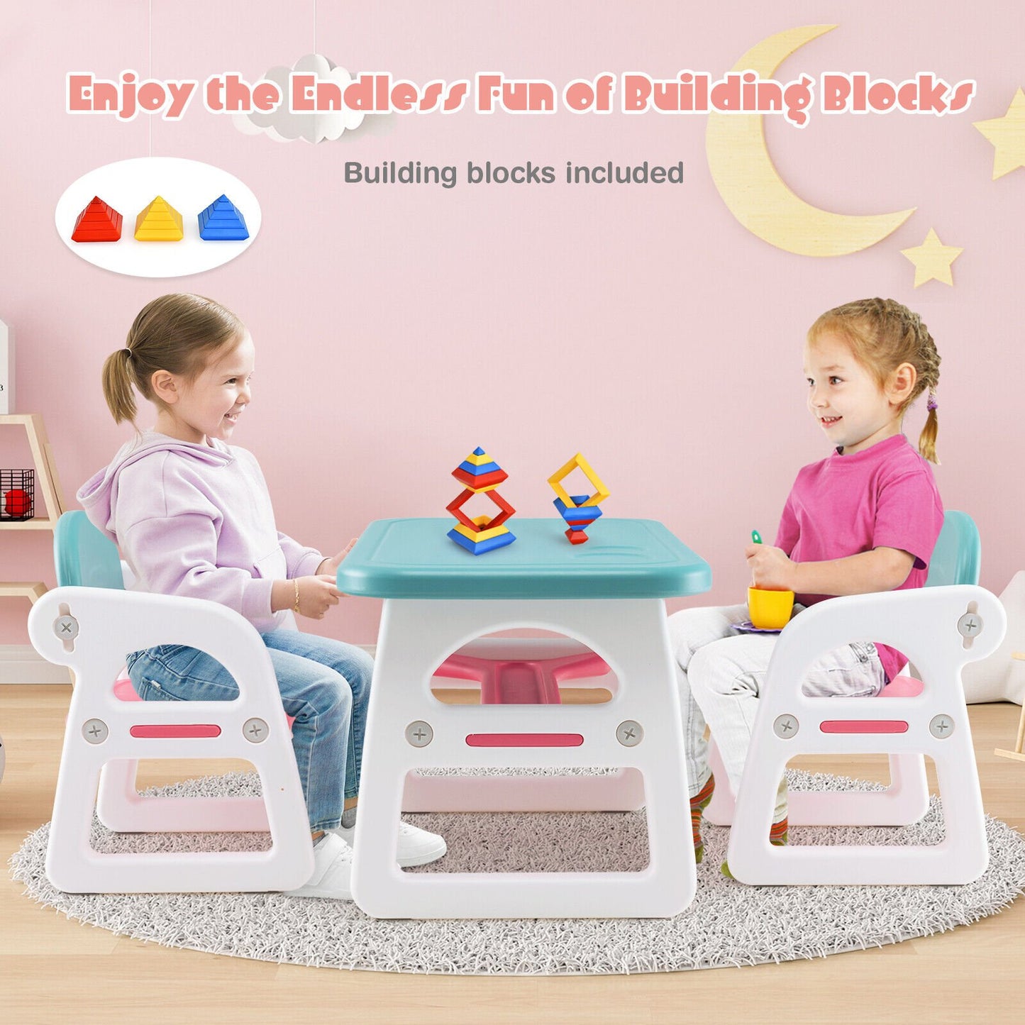 Kids Table and Chair Set with Building Blocks, Pink & Blue
