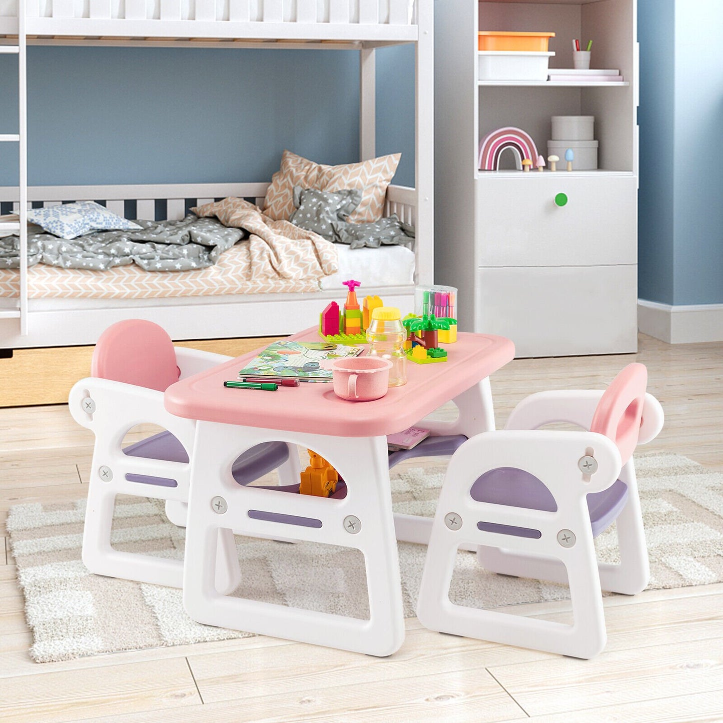 Kids Table and Chair Set with Building Blocks, Pink & Purple