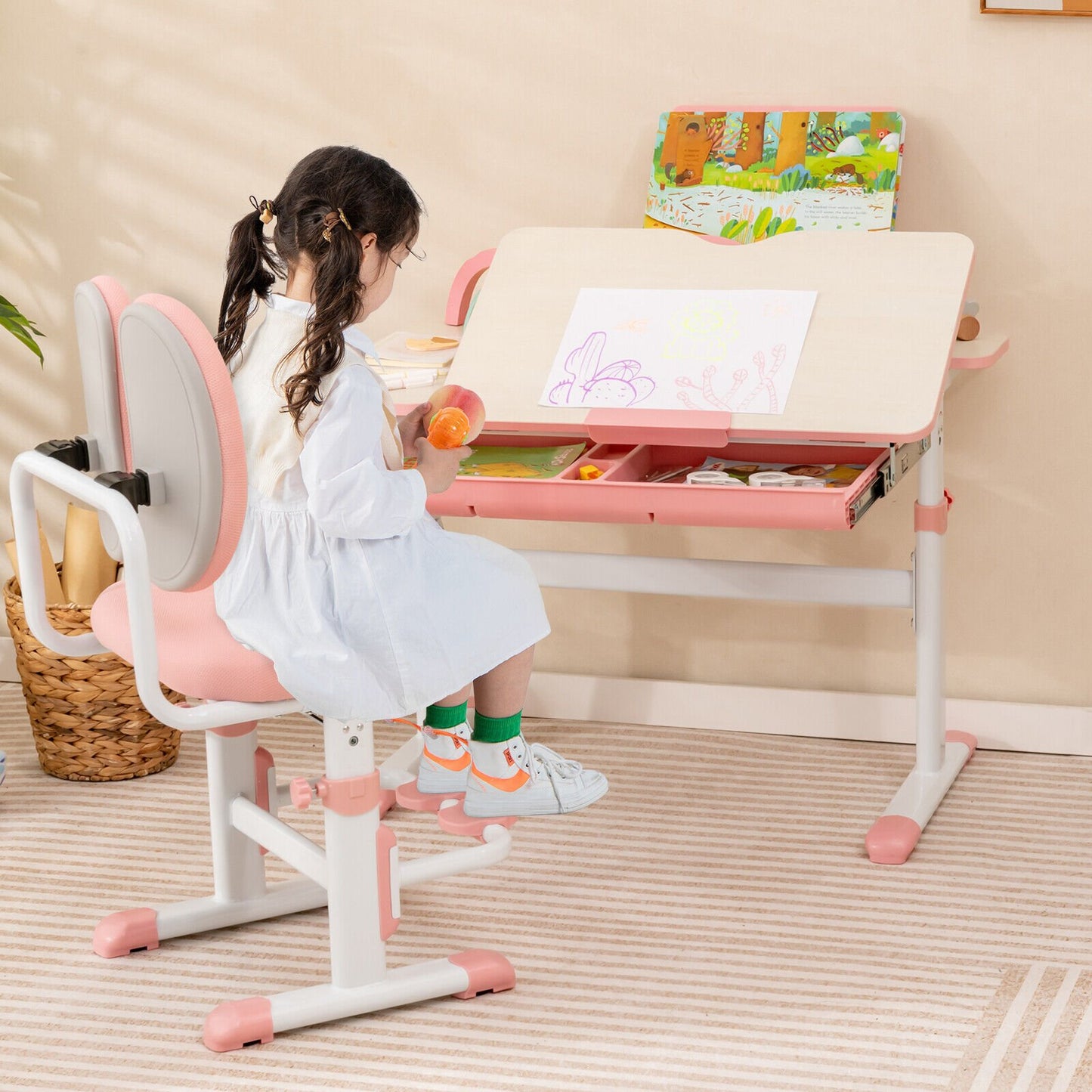 Ergonomic Height-adjustable Kids Study Chair with Double Back Support, Pink at Gallery Canada