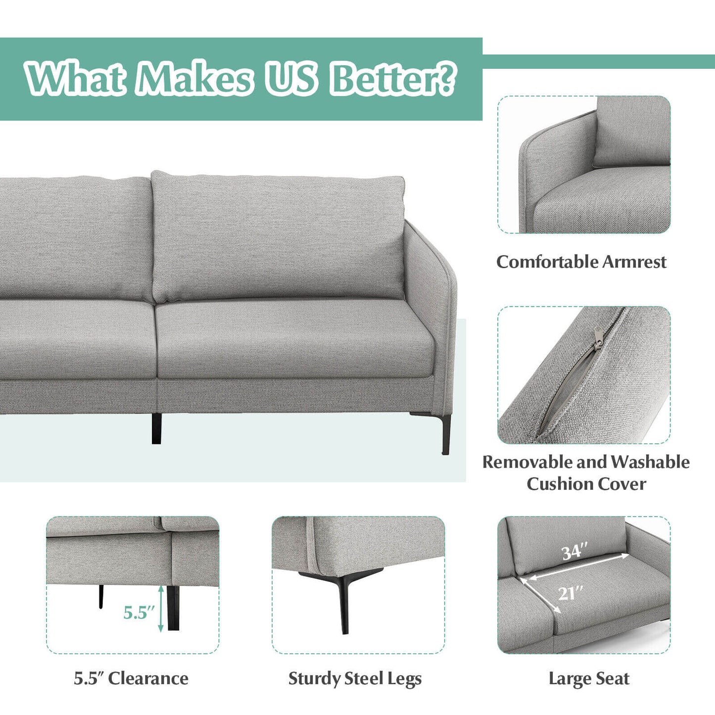 Modern 76 Inch Loveseat Sofa, Metal Legs, Gray Sofas & Loveseats at Gallery Canada