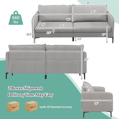 Modern 76 Inch Loveseat Sofa Couch for Apartment Dorm with Metal Legs, Gray