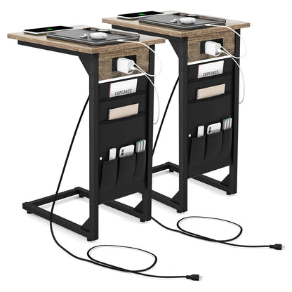 Set of 2 C Shaped End Table with Charging Station, Rustic Brown