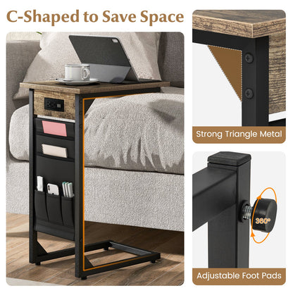 Set of 2 C Shaped End Table with Charging Station, Rustic Brown