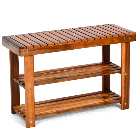 Freestanding Wood Bench with 3-Tier Storage Shelves, Natural