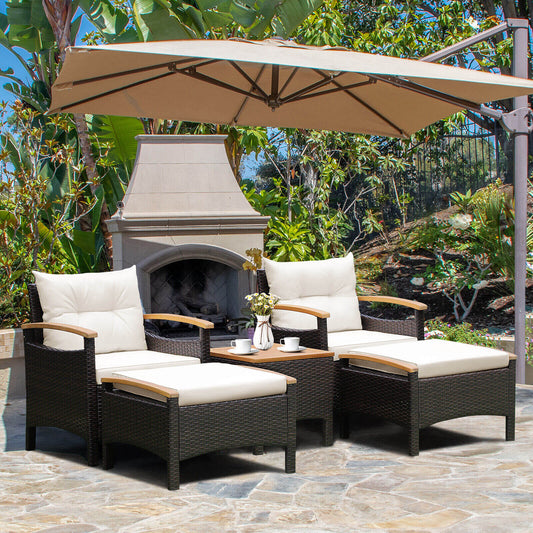 5 Piece Patio Conversation Set With Cushions, Coffee Table, 2 Ottomans, White Patio Conversation Sets White at Gallery Canada