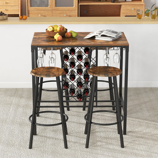 5-Piece Bar Table And Stools Set, Wine Rack, Glass Holder, Rustic Brown Patio Bar Furniture Rustic Brown at Gallery Canada