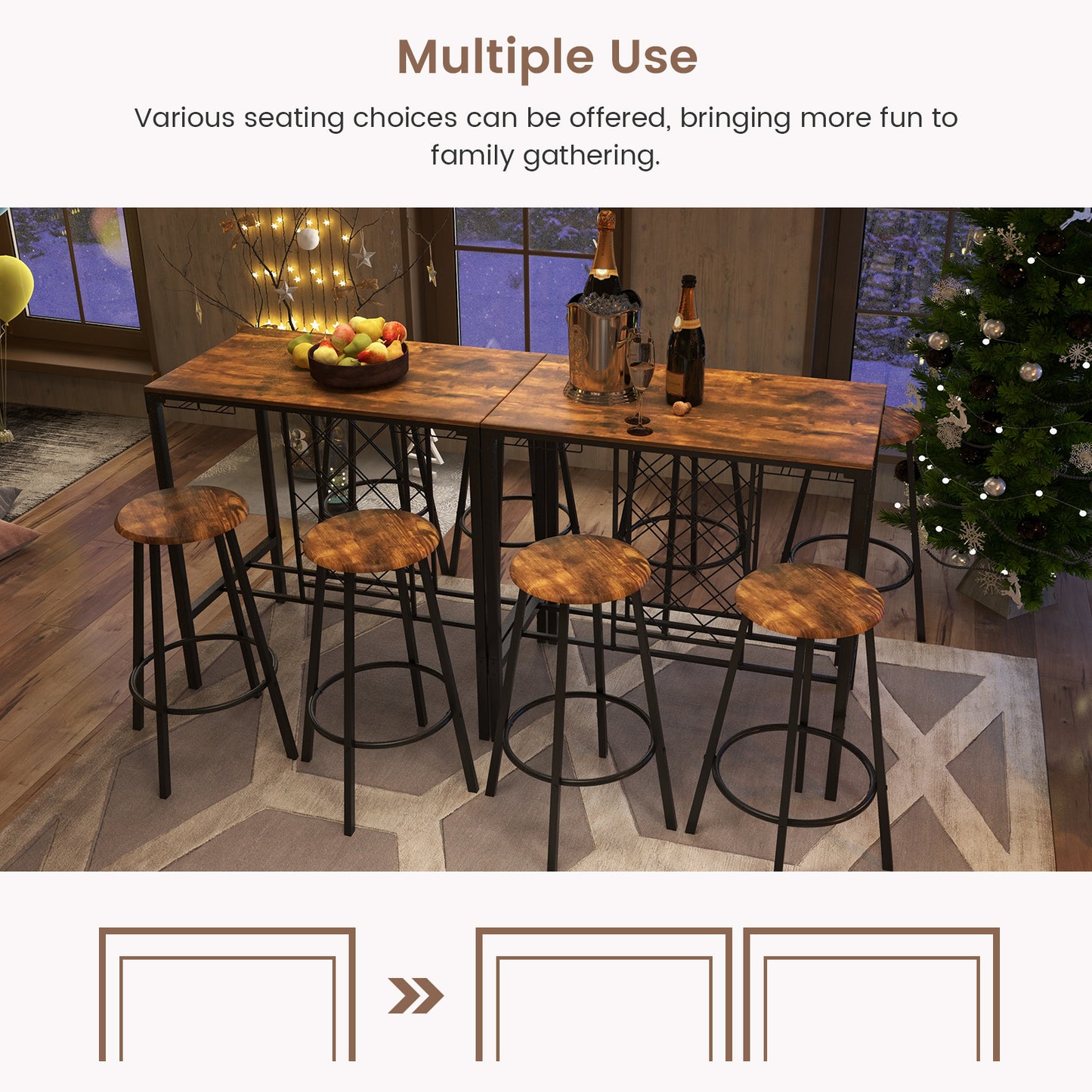 5 Pieces Bar Table and Stools Set with Wine Rack and Glass Holder, Rustic Brown Patio Bar Furniture at Gallery Canada