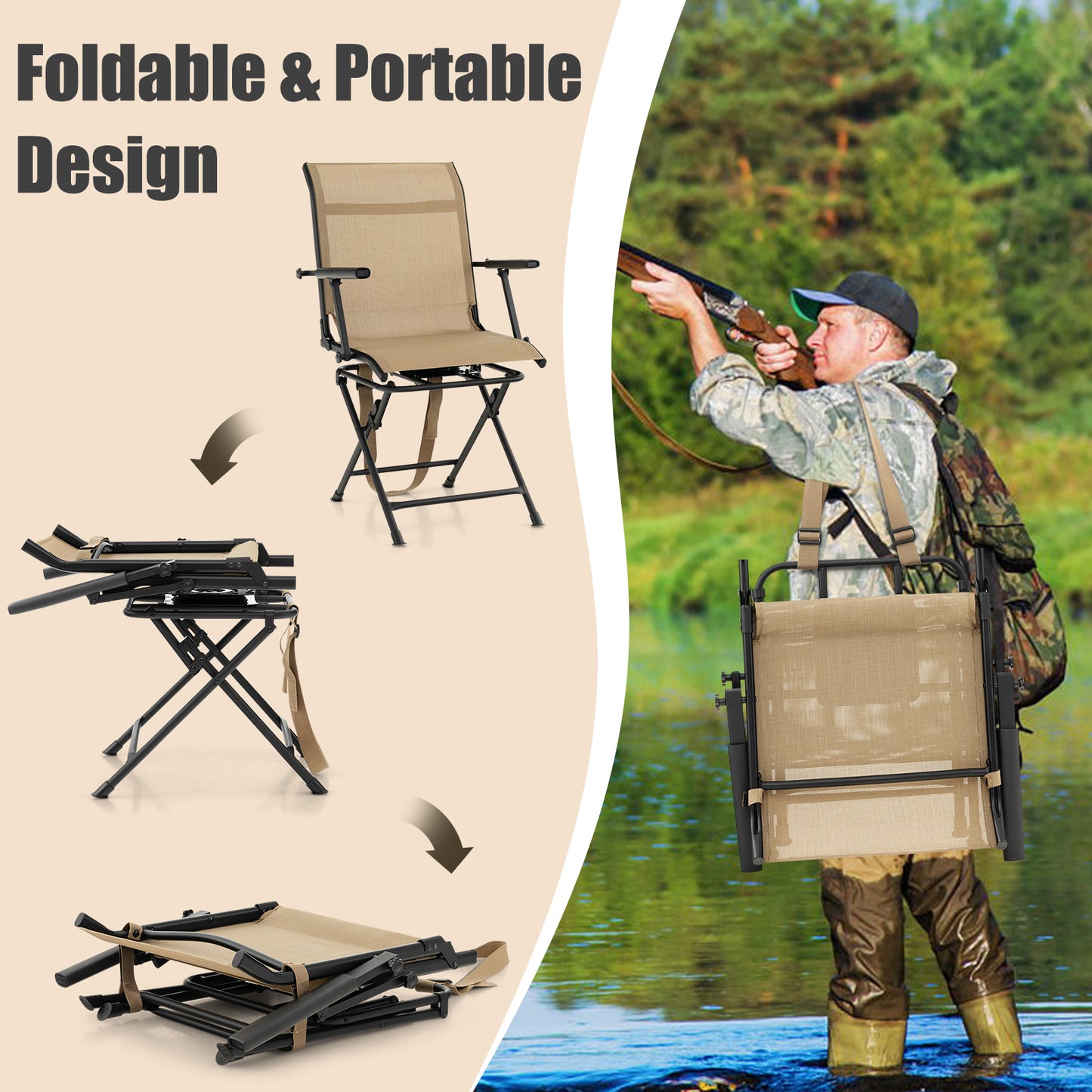 Foldable Swivel Patio Chair, Mesh Back, Coffee Camping Furniture at Gallery Canada