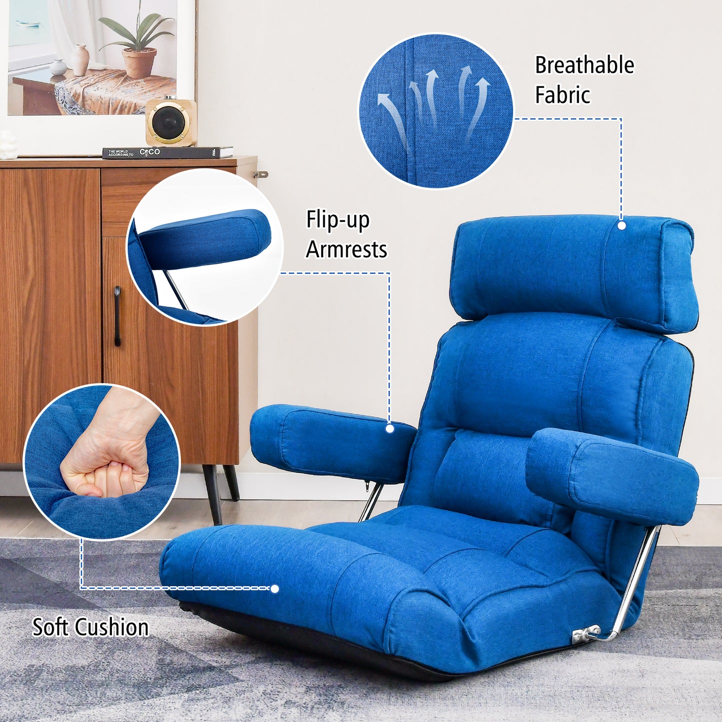 Adjustable Folding Sofa Chair, 6 Position Stepless Back, Blue Floor Chairs at Gallery Canada