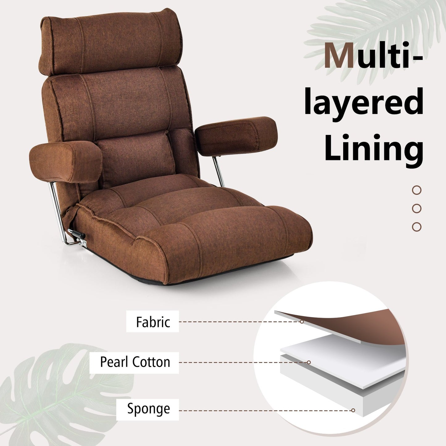 Adjustable Folding Sofa Chair with 6 Position Stepless Back, Brown