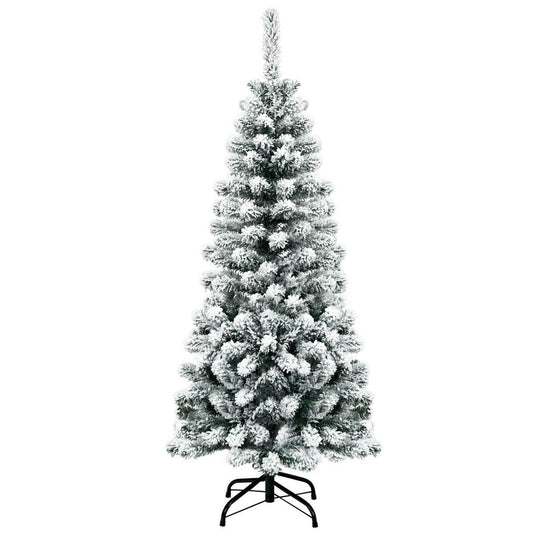 4.5 Feet Unlit Hinged Snow Flocked Artificial Pencil Christmas Tree with 242 Branch, Green