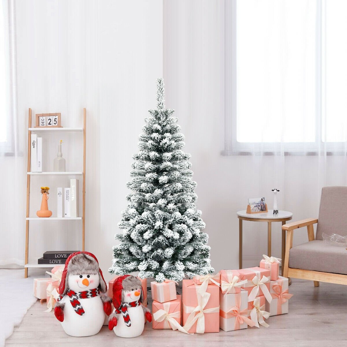 4.5 Feet Unlit Hinged Snow Flocked Artificial Pencil Christmas Tree with 242 Branch, Green at Gallery Canada