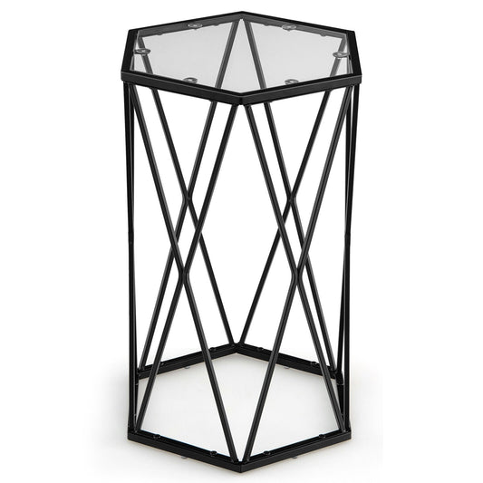 Hexagonal Accent End Table with Tempered Glass Top and Metal Frame, Black - Gallery Canada