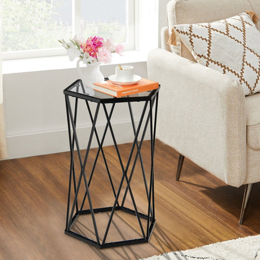 Hexagonal Accent End Table with Tempered Glass Top and Metal Frame, Black End & Side Tables Black at Gallery Canada
