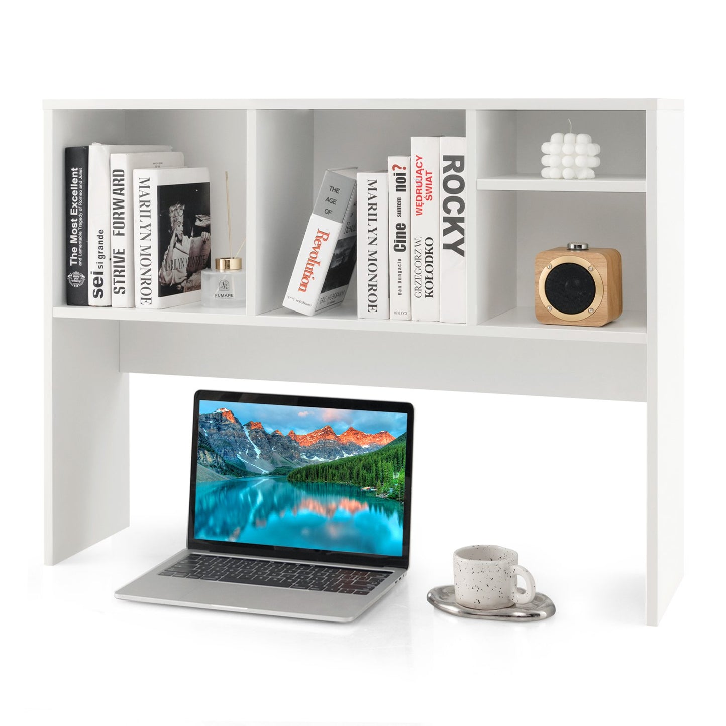 Computer Desktop Bookcase with 4 Cubbies and Open Back Compartment, White