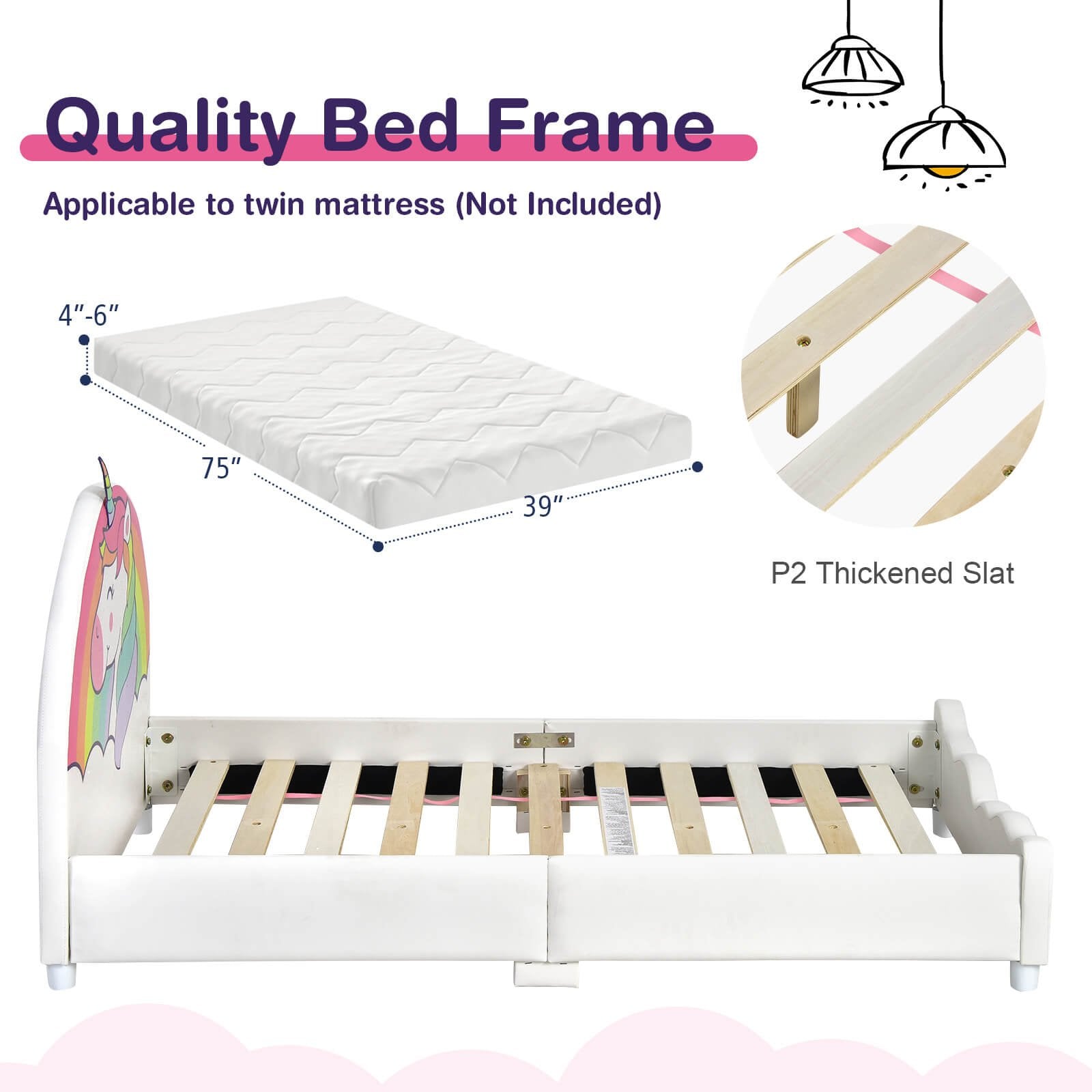 Children Twin Size Upholstered  Platform Single Bed, White at Gallery Canada