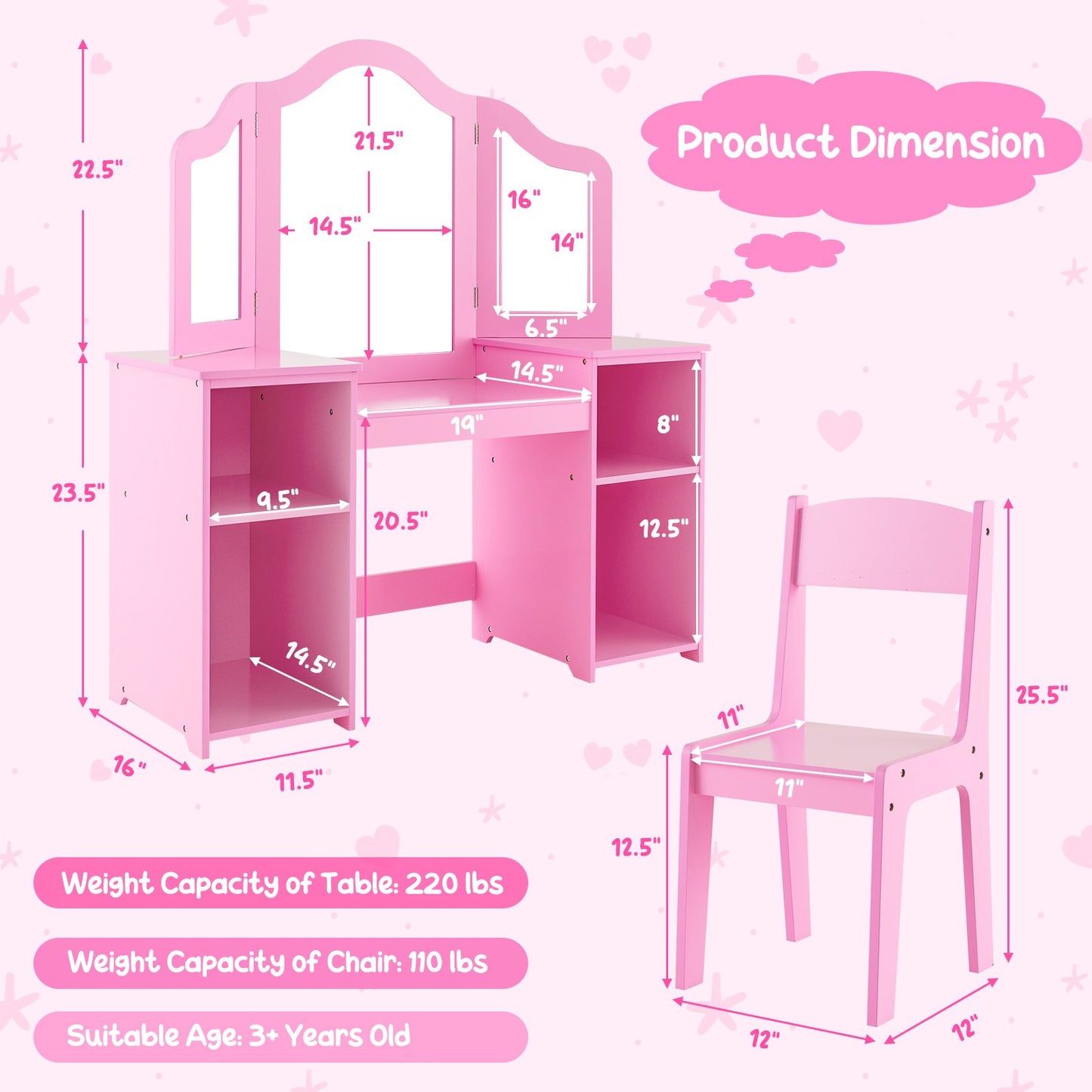 Kids Vanity Table and Chair Set with Removable Tri-Folding Mirror, Pink