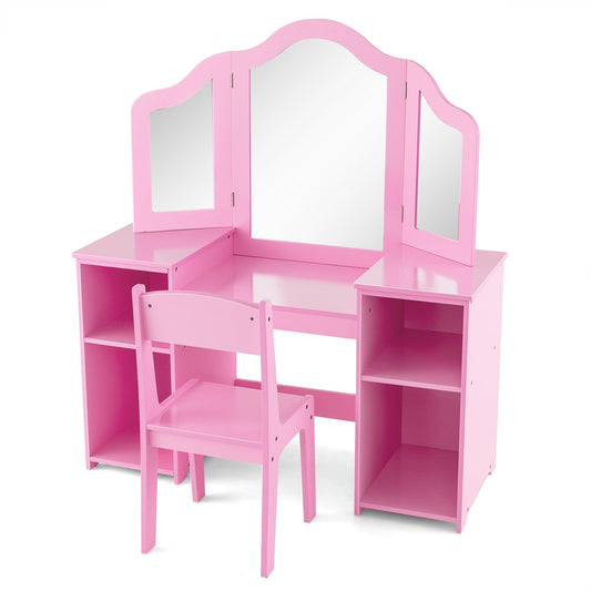 Kids Vanity Table and Chair Set with Removable Tri-Folding Mirror, Pink at Gallery Canada