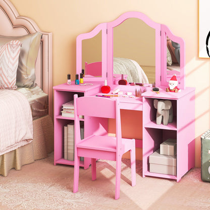 Kids Vanity Table and Chair Set with Removable Tri-Folding Mirror, Pink