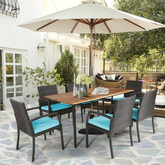 7Pcs Rattan Dining Set, With Umbrella Hole, Turquoise