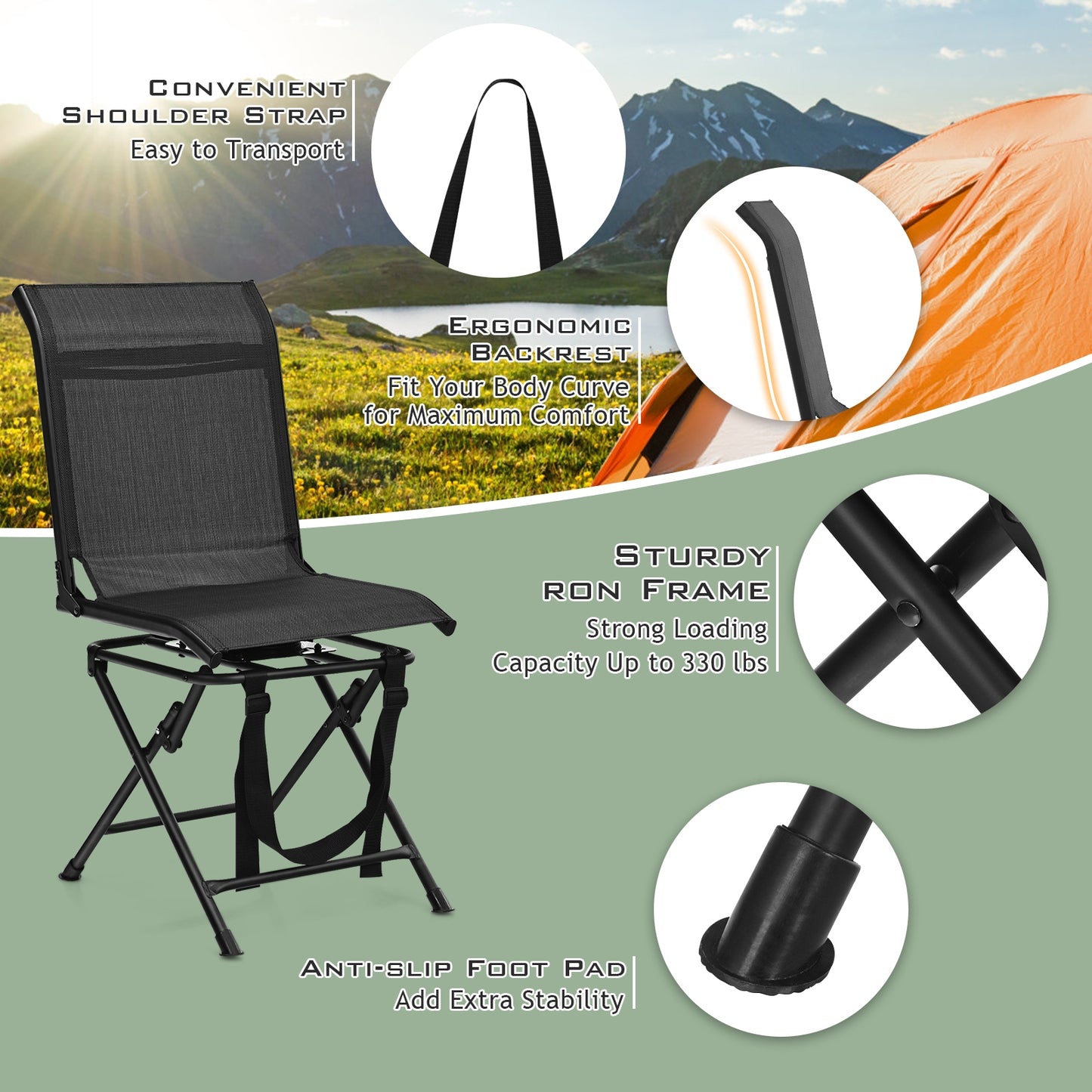 All-weather Outdoor Foldable 360-Degree Swivel Chair with Iron Frame, Black Camping Furniture at Gallery Canada