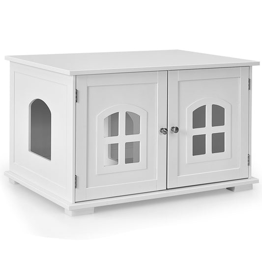 Large Wooden Cat Litter Box Enclosure Hidden Cat Washroom with Divider, White