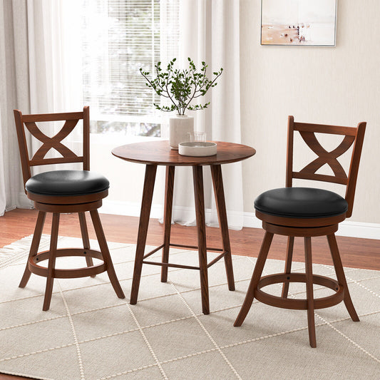 2 Piece Counter Height Swivel Bar Stool Set, X-Shaped Open Back, Brown