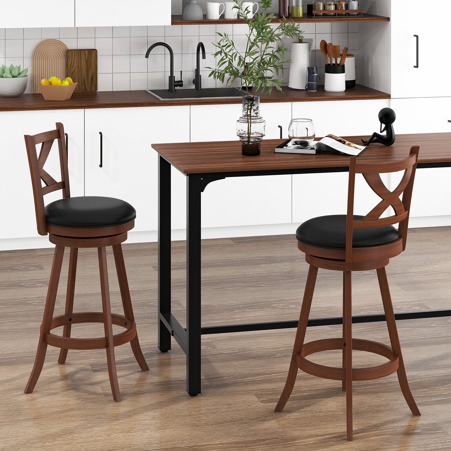 2 Pieces Classic Counter Height Swivel Bar Stool Set with X-shaped Open Back-L, Brown Bar Stools at Gallery Canada